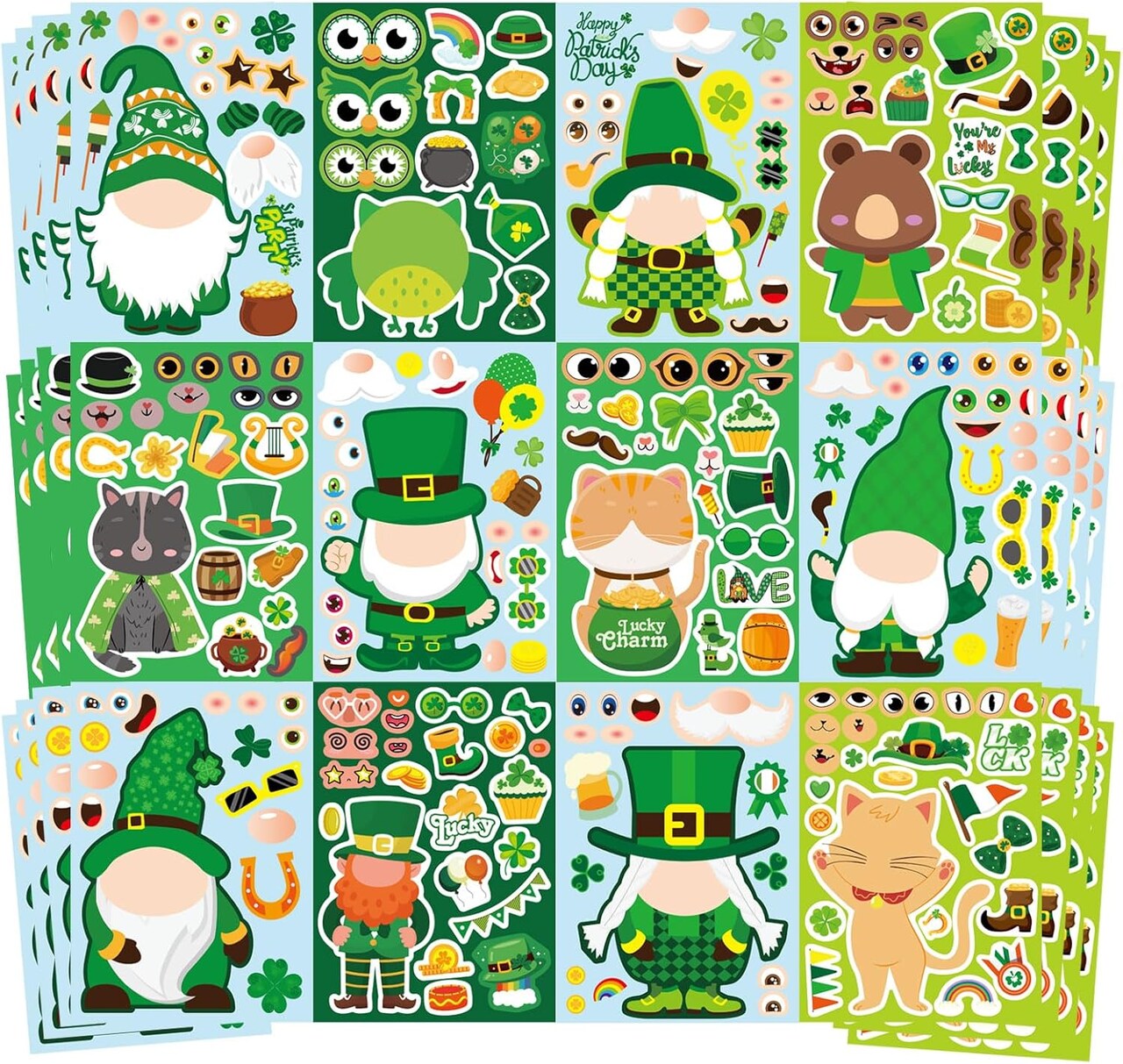 48 Sheets St. Patrick's Day Make a Face Stickers, Saint Patrick's Gnomes and Animals Crafts Stickers for Kids, Classroom Gifts and Party Favors Supplies